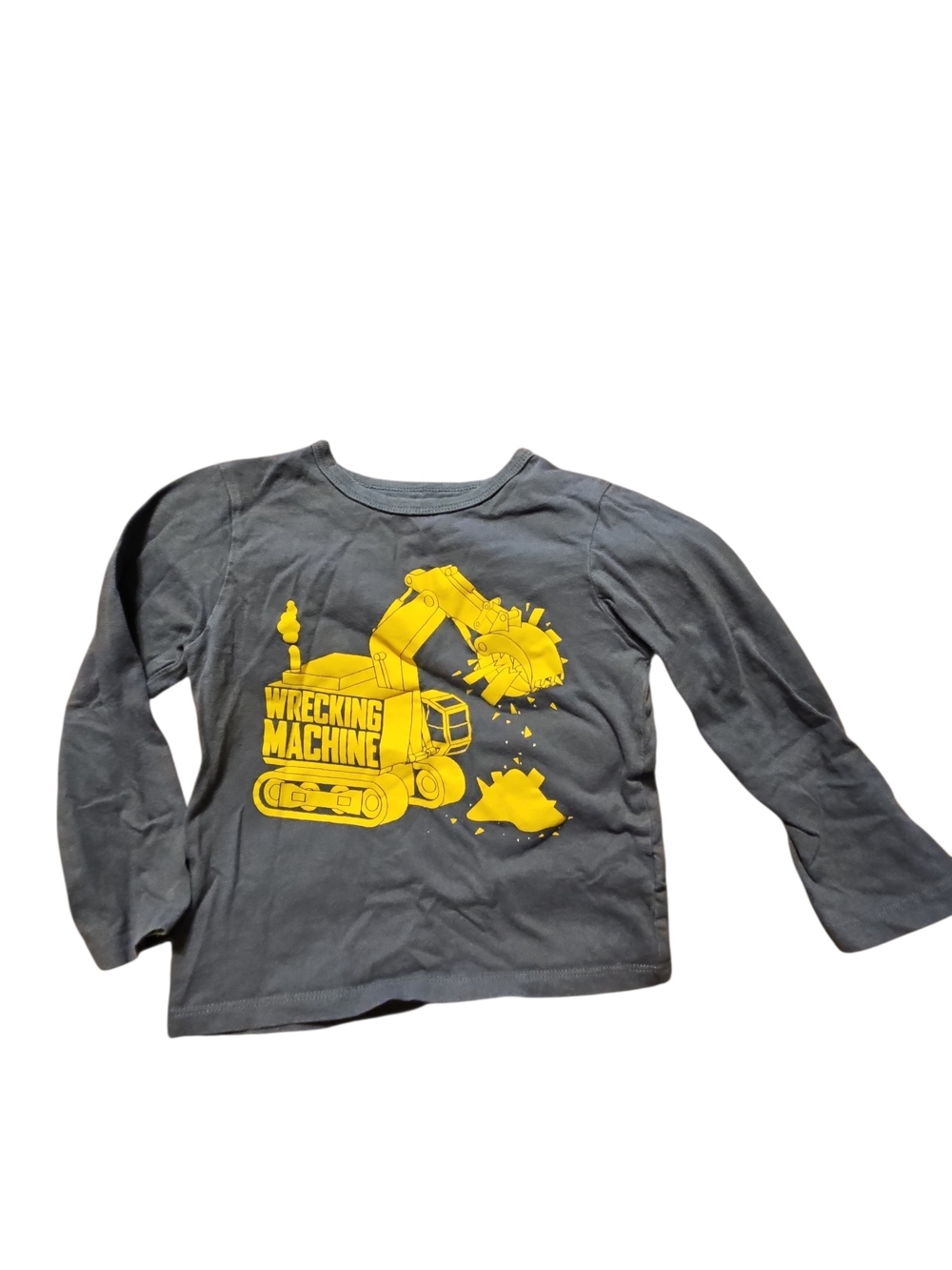 Kids Long Sleeve 'Wrecking Machine' Graphic Tee Gray & Yellow Excavator Size 3t